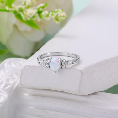 Center 1CT Pear Shaped Opal Engagement Rings for Women Platinum Plated Silver White Opal with Moissanite Engagement Ring for Valentine's Day, Anniversary4
