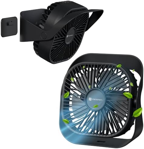 Portronics CoolCube Mini, 2-in-1 Desktop & Wall Fan, 2000mAh Battery, Type-C Charging, 360° Rotate with Pasteable Hook, 3 Speed Modes, BLDC Motor,Quiet Operation,3 Hour Playtime,Compact&Portable,Black