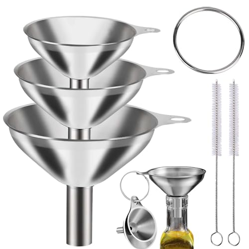 Set di 3 imbuti in acciaio inox con manico e spazzole - imbuto piccolo medio grande per marmellata oli liquidi polveri profumo