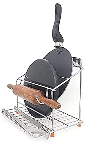 CR18 COLLECTION Stainless Steel Chakla Belan and Tawa Stand for kitchen, Tawa Chimta Stand 4 in 1 Chakla Belan Stand for Kitchen, Rolling Pin Board Holder Wall Stand (Only Stand, Floating Shelves)-image-16