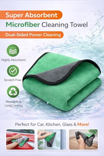 Image of Cleaning Cloth for Car, Bike & Home - Ultra Soft, Dual-Sided Green & Grey Towel - High Absorbent, Lint-Free, Scratch-Free - Reusable Washable 40X30 CM - Pack of 1 (Green)
