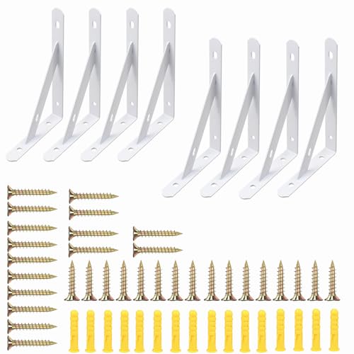 8 unidades de soportes para estanterías de metal blanco de 300 mm con tornillos, soporte para estanterías de 90 grados, para montaje en pared, estanterías, jardín, cocina, baño (capacidad de carga: 30