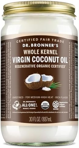Dr. Bronner's - Organic Virgin Coconut Oil (Whole Kernel, 30 Ounce) - Coconut Oil for Cooking, Baking, Hair and Body, Unrefined and Fresh-Pressed, Rich and Nutty Flavor, Fair Trade, Vegan, Non-GMO