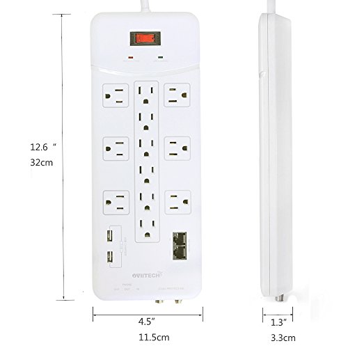 Oviitech 12 Outlet All-In-One Mountable Surge Protector Power Strip With2 Usb Charging Ports(3.1A Total And Phone/Ethernet/Coax Protection,6 Foot Heavy Duty Extension Cord,4380 Joules,White,Etl Listed #TOP3