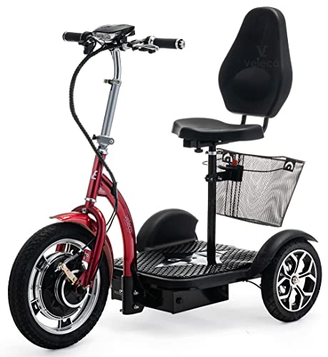 VELECO ZT16 - Scooter de movilidad de 3 ruedas - Totalmente ensamblado y listo para usar - Ruedas grandes - Fácil de maniobrar - Frenos delanteros y traseros - Cesta de la compra extraíble (ROJO)