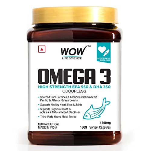 Image of WOW Life Science Omega-3 Fish Oil 1300 mg Triple Strength - 550mg EPA & 350mg DHA for Joints, Heart & Brain Health - 180 Capsules & WOW Life Science Vitamin K2 55mcg - 60 Vegetarian Capsules