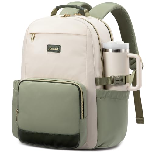 Image of LOVEVOOK Laptop Backpack for Women with Pouch Pocket for Large Capacity Cup,18 Inch Laptop Computer Bag Travel Backpack Purse,Waterproof Work College Teacher Bags,White-Bean Green-Dark Olive Green