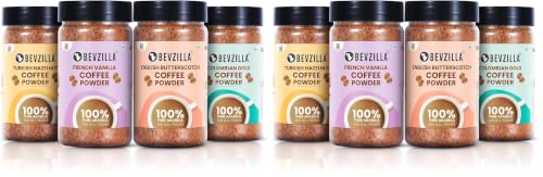 Image of Bevzilla 75 Grams X 4 Flavoured Instant Coffee Powder Pack of Colombian Gold, Turkish Hazelnut, French Vanilla & English Butterscotch | 75 Gms Each | Bottle| Premium Arabica Instant Coffee (Pack of 2)