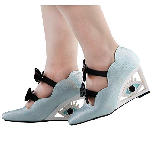 SHOW STORY Vintage Blue Bows Square-Toe Wedge Eye Shape High Heels Pumps,LF108054