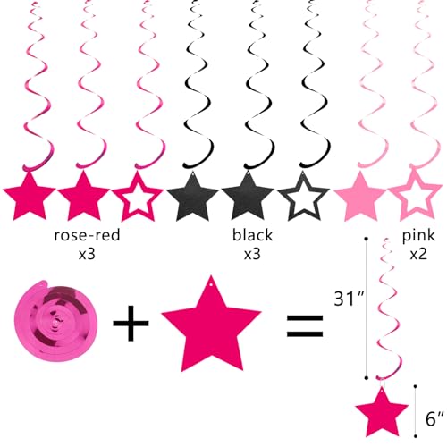 Image of Black & Pink Birthday Party Decorations - Happy Birthday Banner, Honeycomb Balls, Star Swirls, Circle Dots, Triangle Flags Bunting