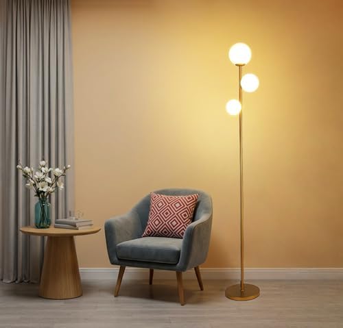 Fiqevs 3 Globe Floor Lamp Mid Century Modern, Gold Standing Lamp ...