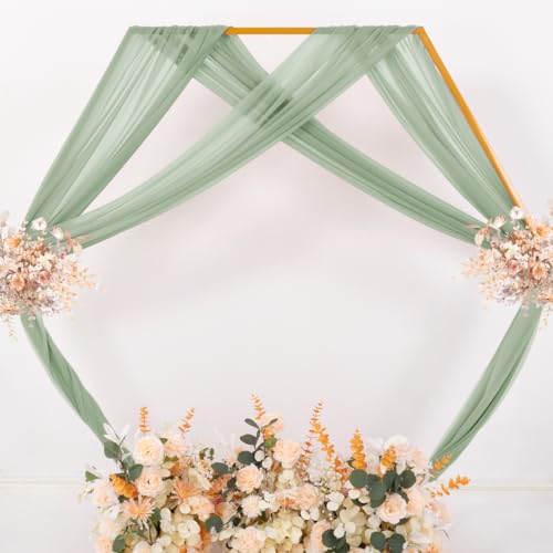 Image of MLMC Sage Green Wedding Arch Draping Fabric 2 Panels 29 inch x 20 FT Extra Long Gauze Drapes Sheer Backdrop Curtains 6.6 Yards Outdoor Drapery Panels for Wedding Ceremony Party Ceiling Decoration