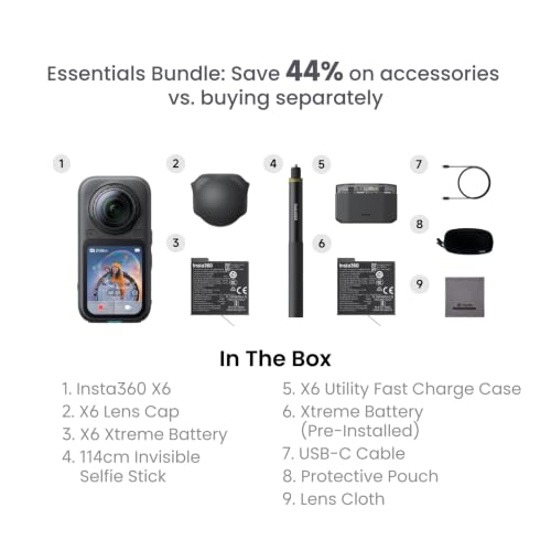 Image of Insta360 X6 Essentials Bundle Black - 8K 360 Camera with 1 /1.1'' Sensors | Action Camera, Dual Custom Square 1 /1.1 inch Sensors, Triple AI Chip, Replaceable Lens 2.0, 140 Minutes 8K Video