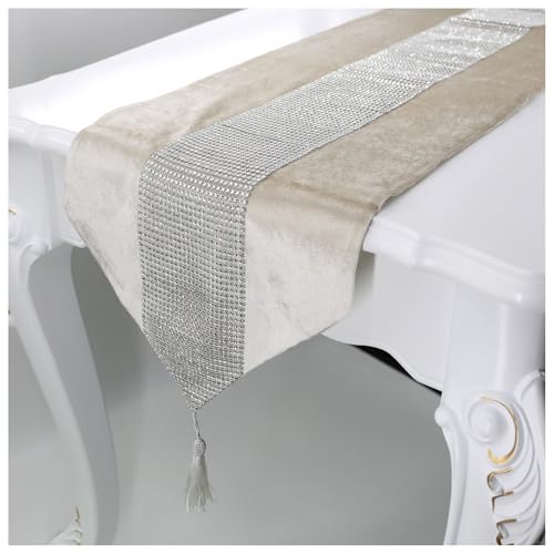 Chemin de table en strass, 32 x 180 cm, blanc, élégant, en velours, avec rayures diamantées et glands, décoration de table pour salle à manger, fête,...