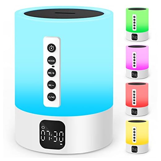 Night Light Bluetooth Speaker Alarm Clock, Sound Machine with White Noise, Touch Bedside Lamp, Dimmable Warm White Light, 48 RGB Color Changing, Ideal Gifts for 10-15 Year Old Teenage Boys Girls