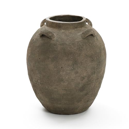 LuxenHome Rustic Ceramic Flower Vase,15 Inch Tall Brown Terracotta Cauldron
