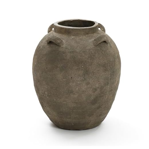 LuxenHome Rustic Ceramic Flower Vase,15 Inch Tall Brown Terracotta Cauldron Vase for Living Room Decor，Large Floor Vase Home Décor Accents,Round Vintage Pottery Vases Home Decor