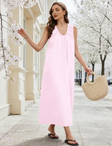 Image of Livtany Women's Scoop Neck Ruched Maxi Dress Flowy Swing Wide Straps Long Dress Casual Sleeveless Sundress with Side Pockets