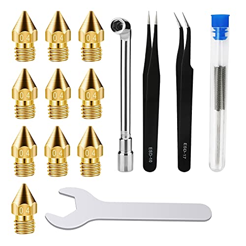 3D Drucker Düsen und Reinigung Set Wikay 10 Packung 0.4mm MK8 Düsen, 10 Packung 0.35 mm Nadeln und 2 Packung Pinzette Werkzeug Set, Edelstahl Düsen Reinigung Werkzeug Kit Cover