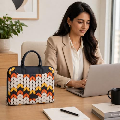 Image of Tabelito Designer Printed Laptop Sleeve for Women (13-15.6 Inch) | Jute & Vegan Leather Office Handbag | Lightweight Stylish Work Bag with Handle
