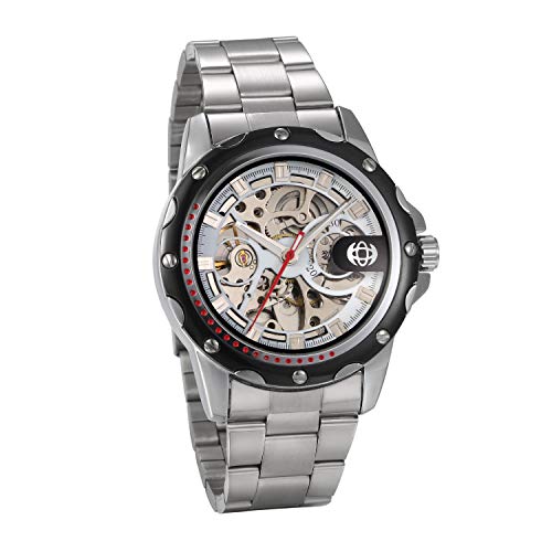 JewelryWe Automatik Uhr Herren Edelstahl: Klassische Automatikuhr Männer Automatische Mechanische Skelett Armbanduhr Herrenuhr mit Silber Edelstahl Armband