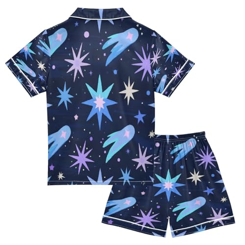 Satin Pajama Sets Short Sleeve Space Themed Stars and Comets Button Down Silky Nightwear 2 Piece PJS 5-14Y2