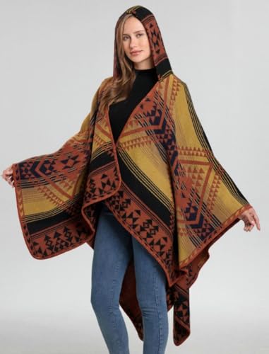 Women's Winter Vintage Hooded Shawl Wrap Open Front Poncho Cape Pashmina Jacquard Blanket Oversized Cardigan Coat2