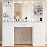 FIONESO Vanity Desk with LED Light Mirror & Power Outlet, 3 Adjustable Light Color, Makeup Vanity with 7 Drawers, 4 Shelves, 5 Jewel Hooks, White Vanity for Bedroom, Girls Vanity