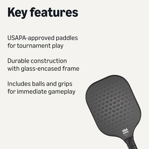 Image of Amazon Basics Pickleball Paddles Set of 2, USAPA Approved Carbon Fiber Paddle with 4 Balls, Lightweight Pickle Ball Rackets, Carry Bag & Grips