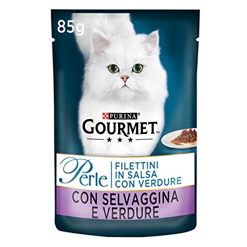 Purina Gourmet Perle Filettini in Salsa Cibo Umido per Gatti con Selvaggina e Verdure, 24 Buste da 85g