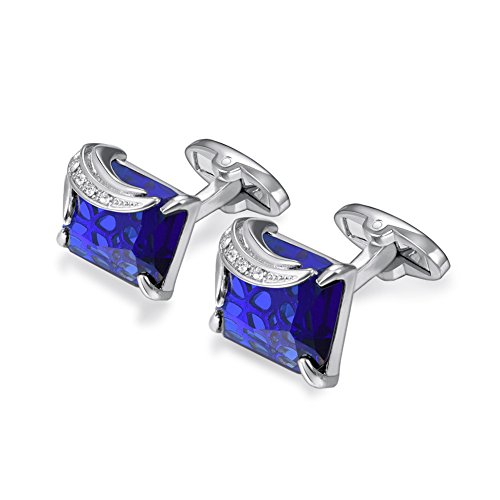U7 Men Cufflinks for Wedding Christmas Business Platinum or 18K Gold Plated Crystal Fancy Stone Cuff Links, Custom Photo Cufflinks,Gift Packed Blue &
