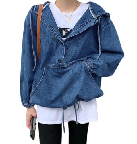 chouyatou Women Hooded 1/2 Button Down Pullover Denim Jacket Hoodie Boyfriend Casual Jean Sweatshirt Top (Large,Dark Blue)