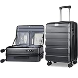 KROSER Handgepäck mit Spinner-Rollen und integriertem TSA-Schloss, erweiterbarer Hartschalenkoffer mit Öffnung Oben, geräumiger, strapazierfähiger Rollkoffer mit USB-Anschluss, 20 Zoll, Dunkelgrau