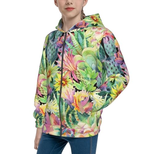 Watercolor Blooming Cactus Kid Hoodies Boys Zip Up Sweatshirts Girls Pullover with Pocket