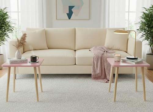 Image of FORAOFUR Small Accent Table, Modern Mini Coffee Table with Natural Wood Legs, Quick Assembly End Furniture for Bedroom Living Area Sofa, Minimalist Design for Nuresery and Compact Homes, Pink
