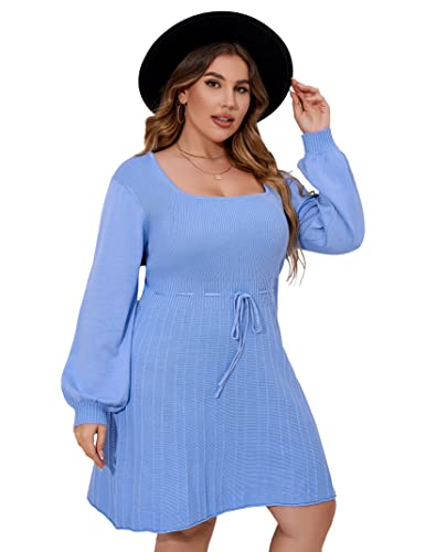 Image of Women's Plus Size Casual Sweater Dress Square Neck Long Lantern Sleeve Tie Waist Loose Pullover Sweater Dresses