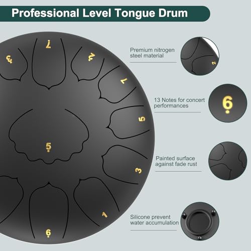 Image of Large Steel Tongue Drum Handpan: 12 Inches 13 Notes Rain Drums for Outside Garden, Meditation Hand Pan with Music Book, Mallets and Carry Bag, Musical Instrument for Adult Kid Gift (Black)