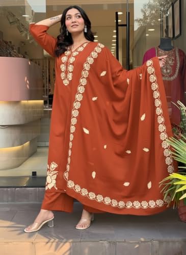 Image of ANNI Designer Women Embroidered Straight Kurta Palazzo Dupatta Set Rayon Viscose Kurti Pant Set Ladies Ethnic Wear for Office Festive Daily Use