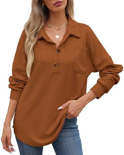 ZAAYO Women Waffle Knit Tops Henley Shirts V Neck Long Sleeve Solid Color Casual Tunics Blouse