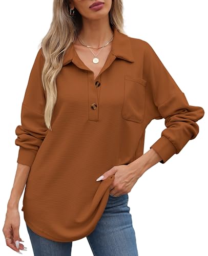 Image of ZAAYO Women Waffle Knit Tops Henley Shirts V Neck Long Sleeve Solid Color Casual Tunics Blouse
