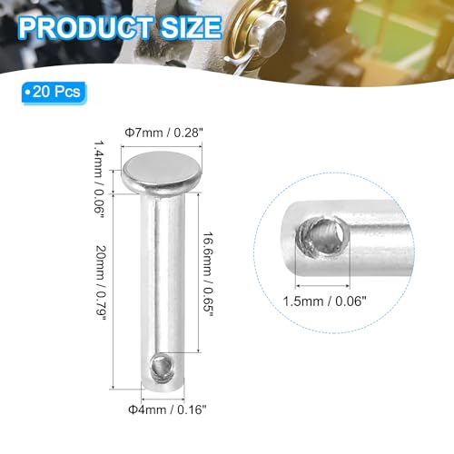 PATIKIL 4 x 20 mm Einzel-Loch-Clevis-Stifte, 20 Stück 304 Edelstahl Flachkopf-Stift für Hitch Pin Lock Link Scharnier-Systeme, Silber