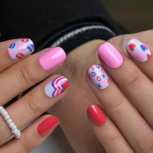 Image of Curvlife Press On Nails Extra Short Square Pink - Valentine Hearts Press on Nails with Glue, Love Kisses Red Pink Glossy Cute Fake Nails Long Lasting False Nail Tips for Women Girls Teens