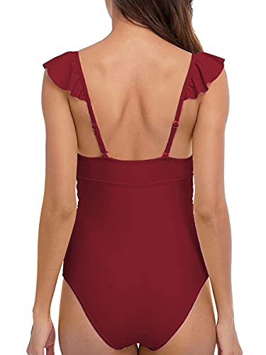 Misolin-Damen-Badeanzug-mit-Rueschen-Volant-Einteiliger-Bademode-V-Ausschnitt-Strandbikini