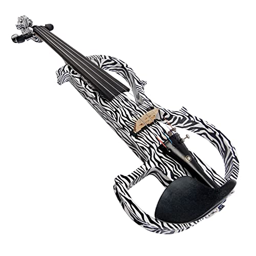 Image of Kinglos. Visual-Art Advanced Electric Violin 4 /4 Full Size Ebony Fittings | Kit Incl. Case Bow Shoulder Rest Aux Cable Spare Bridge Strings - Solid Wood White Zebra Silent Violin Set for Adult Beginner