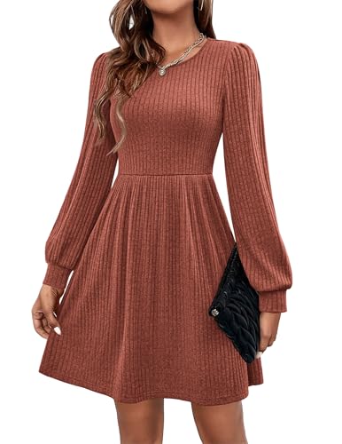 Hotouch Herbstkleid Damen Langarm Kleid Knielang Strickkleid Rundhals Herbst Kleider A-Linie Winterkleid Knielang Blusenkleid mit Taschen Karamell M
