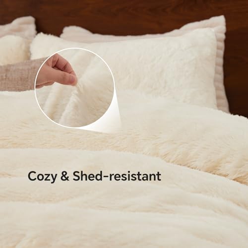 Image of BEDELITE Cream White Fluffy Comforter Set Queen, Fuzzy Faux Fur Comforter | Warm Fleece Shaggy Bedding for Winter, Soft & Cozy Plush Bed Set with 2 Pillowcases