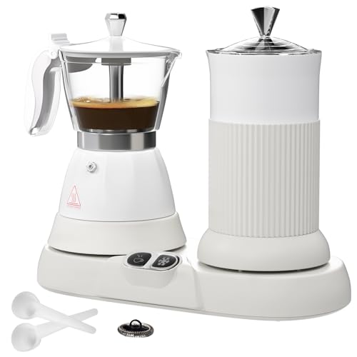 Vaolvpant Electric Espresso Machine with Milk Frother 2 in 1 Efficient Moka Pot Coffee Maker with Milkfroth Aluminum One-Touch Operation for Effortless Cappuccinos Lattes Macchiatos White