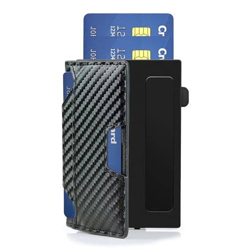 RFID Blocking Slim Wallet for Men w/Metal Pop Up Credit Card Holder & Money Clip, Minimalist Carbon Fiber Bifold Front Pocket Wallet