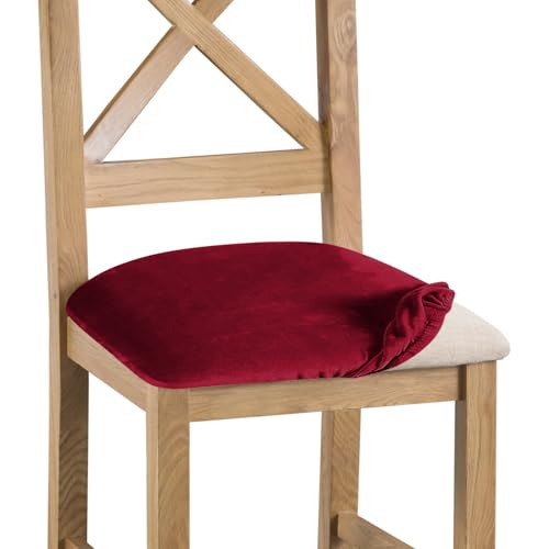 Gute Juego de 4 fundas de asiento de terciopelo para silla de comedor, ajuste elástico, extraíbles y lavables, fundas protectoras con lazos (rojo vino)