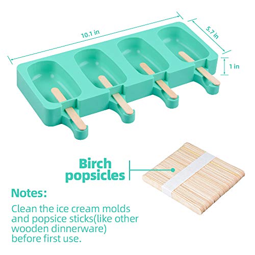 Fimary Large Popsicle Molds Set with Lid, 4 Cavities Homemade DIY Ice Pop Molds Oval, Food Grade Silicone Molds for Kids & Ault, with 50 Wooden Sticks (1, Mint Green)